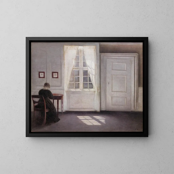 Una stanza nella casa dell'artista a Strandgade, Copenaghen, con la moglie dell'artista - Vilhelm Hammershøi — quadro incorniciato alla parete