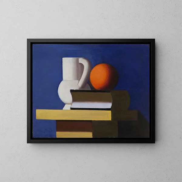 Nature morte con brocca bianca, arancione e libro - Vilhelm Lundstrøm — quadro incorniciato alla parete