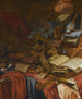 Una natura morta di vanità con una flauto, un teschio, delle partiture, una corona d'oro, un pugnale, conchiglie e altri oggetti, il tutto disposto su un tavolo parzialmente coperto. - Vincent Laurensz van der Vinne I. — vista dell’opera