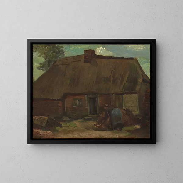 Cottage con donna contadina che scava - Vincent van Gogh — quadro incorniciato alla parete