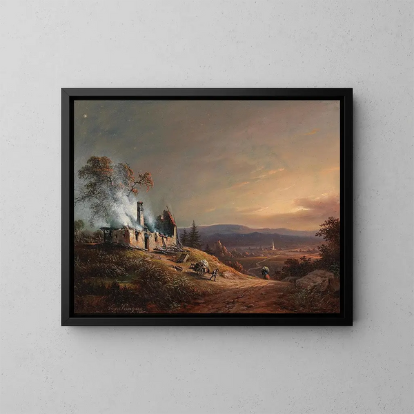 Una casa in fiamme - Vinzenz Kreuzer — quadro incorniciato alla parete