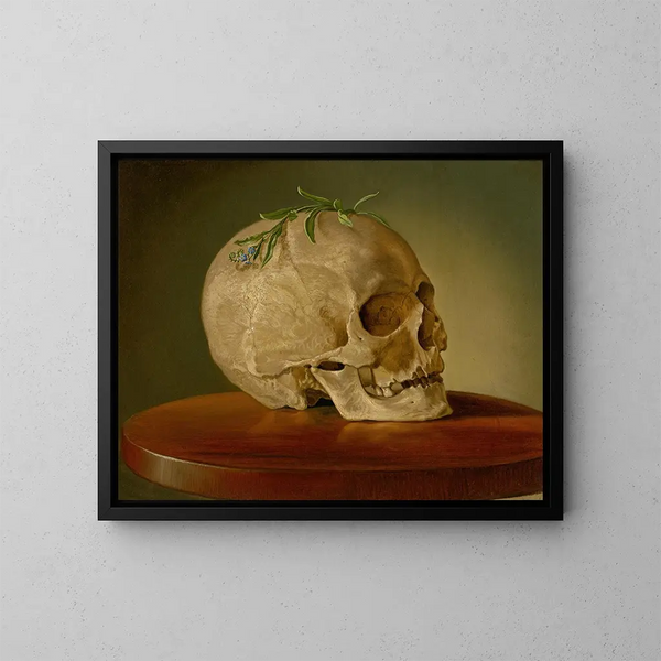 Natura morta con un cranio e un forget-me-not - Vojtech Klimkovič — quadro incorniciato alla parete
