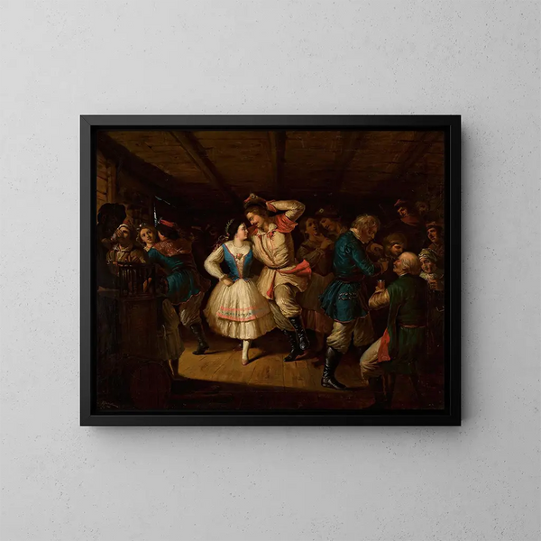 Danza folkloristica della regione di Cracovia in una taverna - Władysław Bakałowicz — quadro incorniciato alla parete