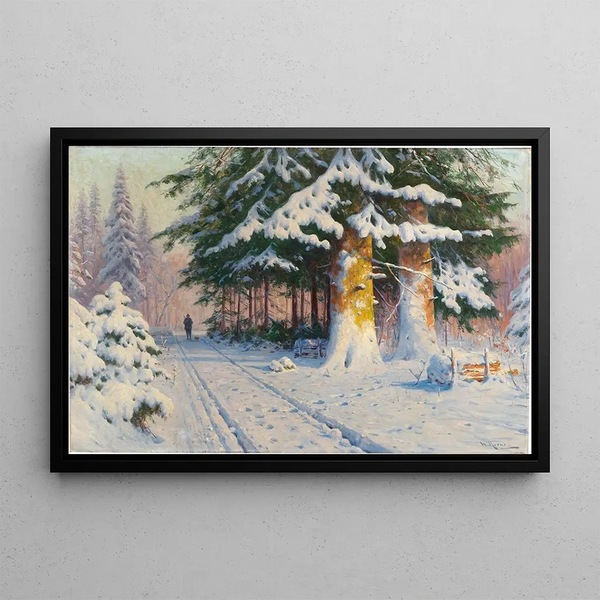 Cacciatore che torna a casa in un bosco invernale - Walter Moras — quadro incorniciato alla parete