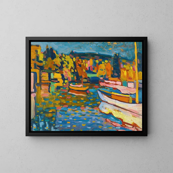 Studio per paesaggio autunnale con barche - Wassily Kandinsky — quadro incorniciato alla parete