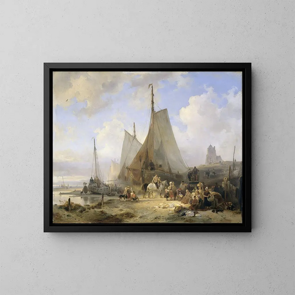 Bateaux de pêche sur la plage avec des pêcheurs et des femmes triant le poisson - Wijnand Nuyen — quadro incorniciato alla parete