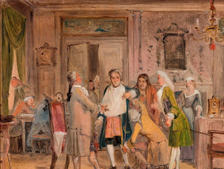 Scène des épreuves de Vielgeschrey, d'Holberg, Acte 1, Scène 6, esquisse - Wilhelm Marstrand — vista dell’opera