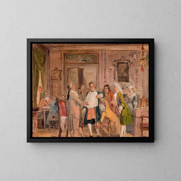 Scène des épreuves de Vielgeschrey, d'Holberg, Acte 1, Scène 6, esquisse - Wilhelm Marstrand — quadro incorniciato alla parete