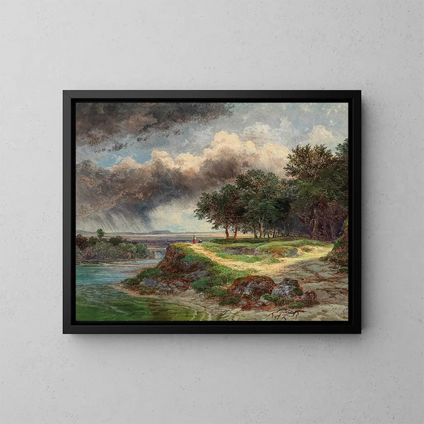 Un vasto paesaggio fluviale in una giornata di pioggia - Wilhelm Steinfeld — quadro incorniciato alla parete
