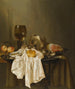 Una natura morta di Banketje con un Roemer Una tazza in argento sul lato Un prosciutto Pesche Un saliera Un piccolo pane E una tovaglia bianca Su un tavolo parzialmente coperto - Willem Claesz. Heda — vista dell’opera