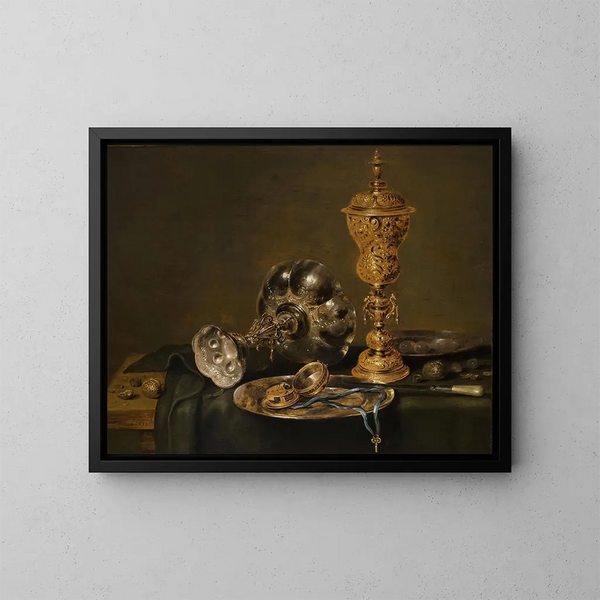 Natura morta con recipienti in metallo e un orologio su un tavolo - Willem Claesz Heda — quadro incorniciato alla parete
