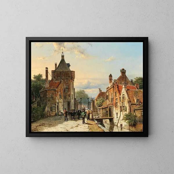 Una vista di una città olandese con personaggi che discutono - Willem Koekkoek — quadro incorniciato alla parete