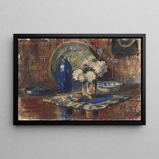 Willem Roelofs II - Stilleven met blauwe fles en vaas met bloemen.webp