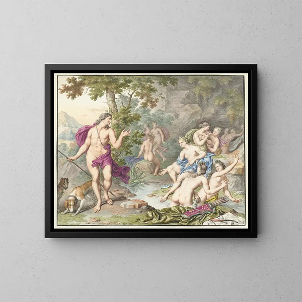 Actéon sorprende Diana e le sue ninfe - Willem Van Mieris — quadro incorniciato alla parete