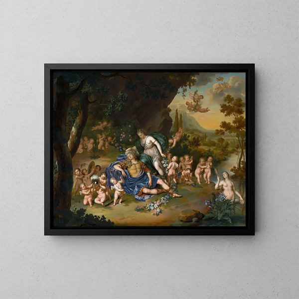 Armide liant Rinaldo endormi avec des fleurs - Willem Van Mieris — quadro incorniciato alla parete