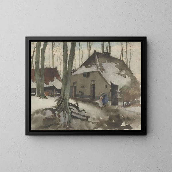 Donna davanti a una casa in una foresta innevata - Willem Witsen — quadro incorniciato alla parete