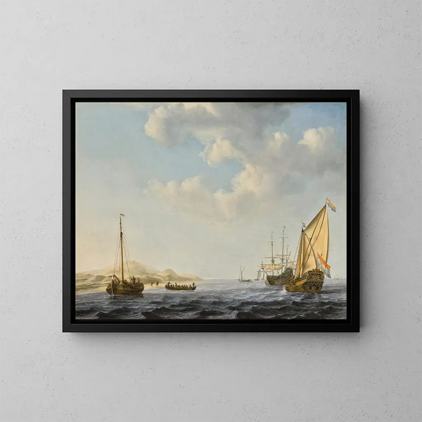 Un yacht degli Stati di Amsterdam in ancoraggio vicino alla costa con altre imbarcazioni in acque agitate - Willem van de Velde il Giovane — quadro incorniciato alla parete