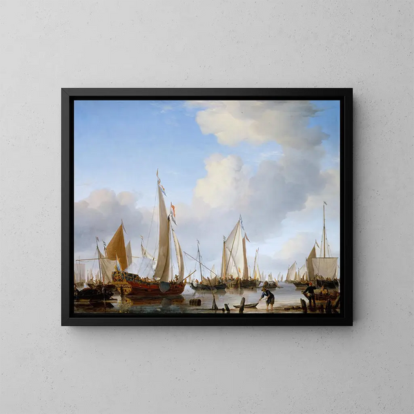 Un yacht calmo a vela vicino alla costa con molte altre imbarcazioni - Willem van de Velde il Giovane — quadro incorniciato alla parete
