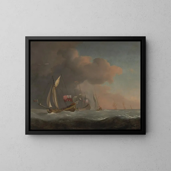 Yachts reali inglesi in mare in condizioni di forte brezza in compagnia di una nave con la bandiera reale - Willem van de Velde il Giovane — quadro incorniciato alla parete