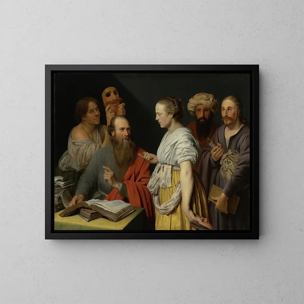 Un erudito nel suo studio con figure mascherate, forse un'allegoria - Willem van der Vliet — quadro incorniciato alla parete
