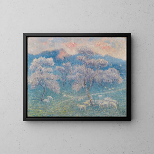 Pecore sotto gli alberi di mandorlo - William Degouve de Nuncques — quadro incorniciato alla parete