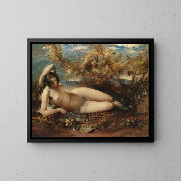 Una giovane donna sdraiata su un tappeto di pelliccia - William Etty — quadro incorniciato alla parete