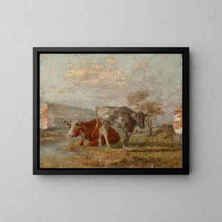 Schizzo di due mucche in un paesaggio - William Huggins — quadro incorniciato alla parete