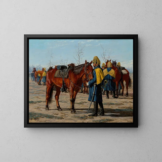 Cavalerie americana che si prepara a montare - William Thomas Trego — quadro incorniciato alla parete