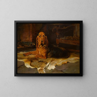 Un chien di sangue vicino al camino - William Woodhouse — quadro incorniciato alla parete