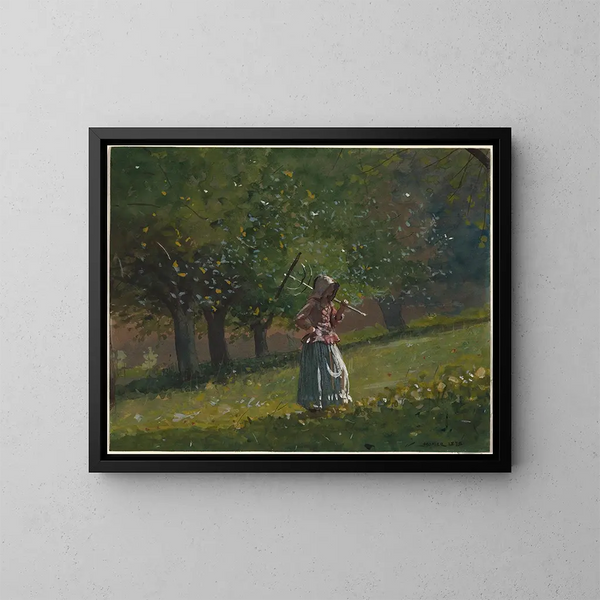 Fille con un rastrello da fieno - Winslow Homer — quadro incorniciato alla parete