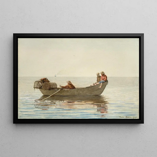 Tre ragazzi in una doris con delle rastrelliere per aragoste - Winslow Homer — quadro incorniciato alla parete