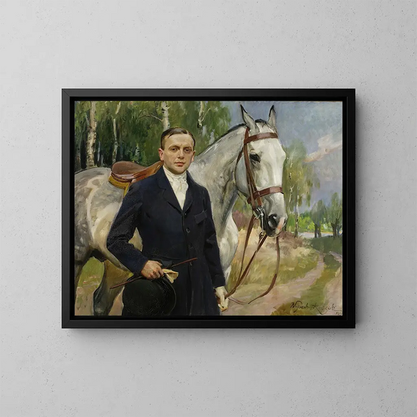 Ritratto di Bronisaw Krystall con un cavallo - Wojciech Kossak — quadro incorniciato alla parete