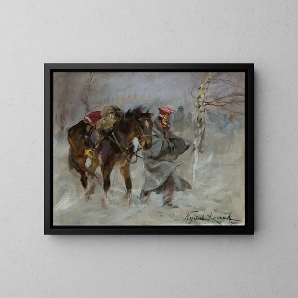 Uhlan che guida un cavallo - Wojciech Kossak — quadro incorniciato alla parete