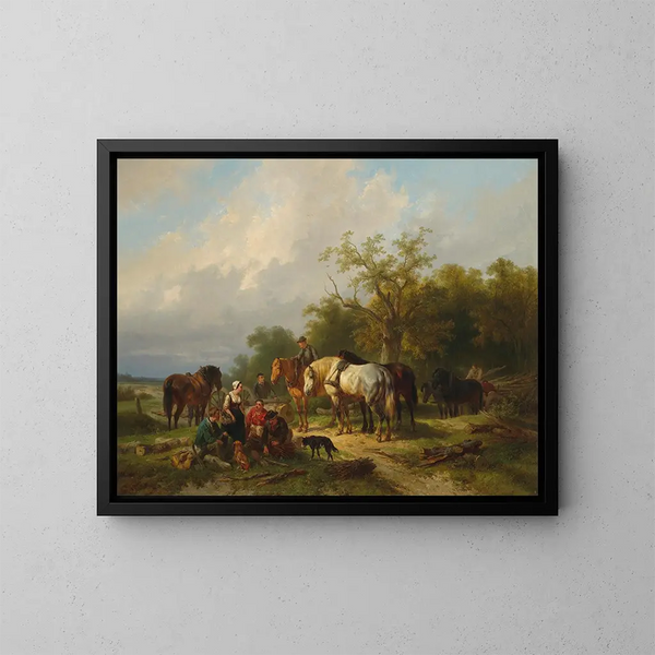 Falegnami che si riposano ai margini di una foresta - Wouterus Verschuur — quadro incorniciato alla parete