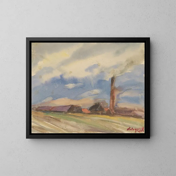 Vista del villaggio marrone dai campi - Zolo Palugyay — quadro incorniciato alla parete