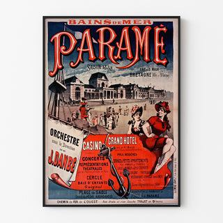 Manifesto vintage Bretagna – Paramé, baia di Saint-Malo, presentato in una cornice sottile su una parete chiara.