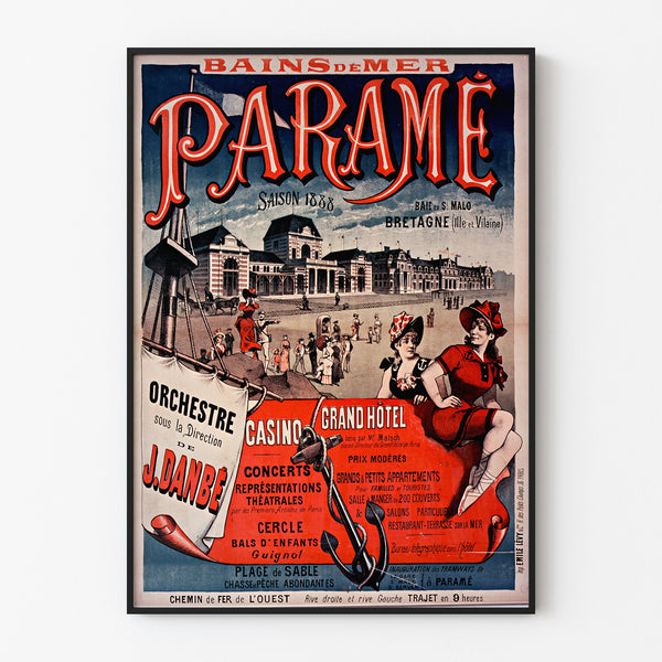Manifesto vintage Bretagna – Paramé, baia di Saint-Malo, presentato in una cornice sottile su una parete chiara.