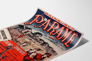 Manifesto vintage Bretagna – Paramé, baia di Saint-Malo, presentato su una pagina piegata, visto in prospettiva.