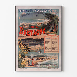 Manifesto Bretagna vintage – Spiagge della Bretagna, ferrovie, presentato in una cornice sottile su una parete chiara.