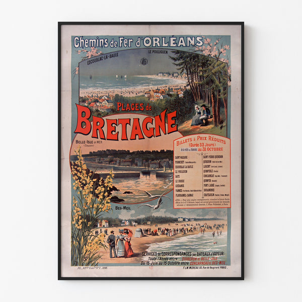 Manifesto Bretagna vintage – Spiagge della Bretagna, ferrovie, presentato in una cornice sottile su una parete chiara.