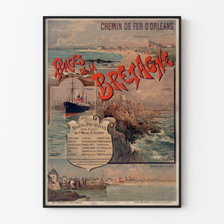 Manifesto vintage Bretagna – Spiagge della Bretagna, Orléans, esposto in una cornice sottile su una parete chiara.
