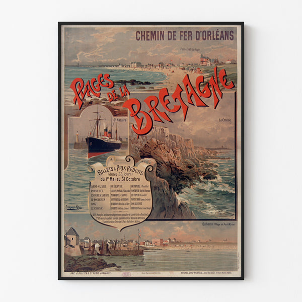 Manifesto vintage Bretagna – Spiagge della Bretagna, Orléans, esposto in una cornice sottile su una parete chiara.