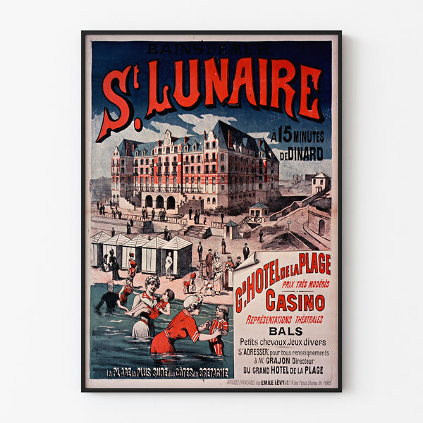 Manifesto vintage Bretagna – Saint-Lunaire, bagni di mare, presentato in una cornice sottile su una parete chiara.