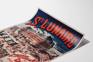 Manifesto vintage Bretagna – Saint-Lunaire, bagni di mare, presentato su una pagina piegata, visto in prospettiva.