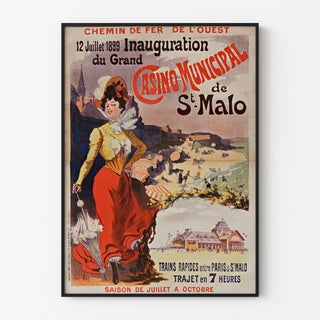 Manifesto vintage Bretagna – Saint-Malo, inaugurazione del casinò, presentato in una cornice sottile su una parete chiara.