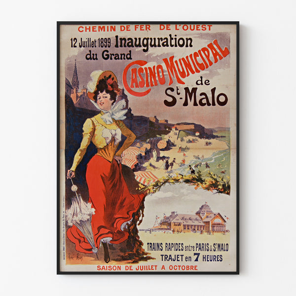 Manifesto vintage Bretagna – Saint-Malo, inaugurazione del casinò, presentato in una cornice sottile su una parete chiara.