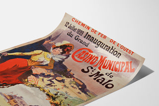 Manifesto vintage Bretagna – Saint-Malo, inaugurazione del casinò, presentato su una pagina curva, vista prospettica.
