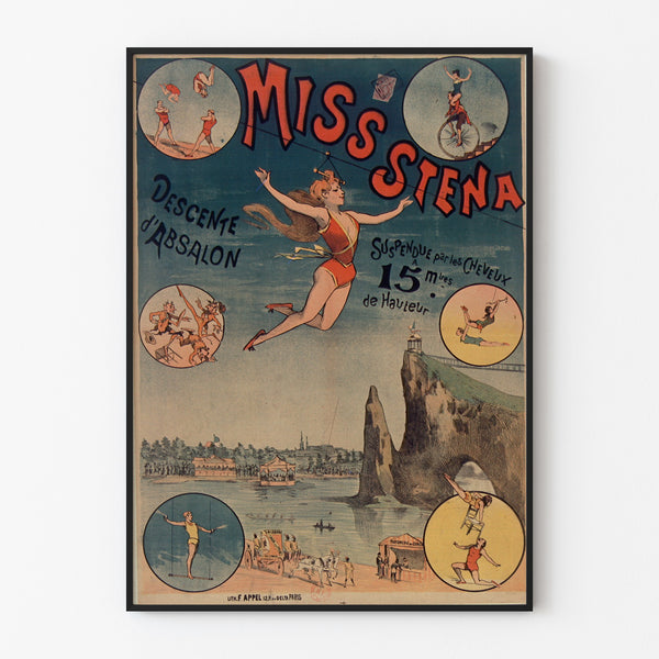 Manifesto circense vintage Miss Stena, discesa di Absalon, presentato in una cornice sottile su una parete chiara.