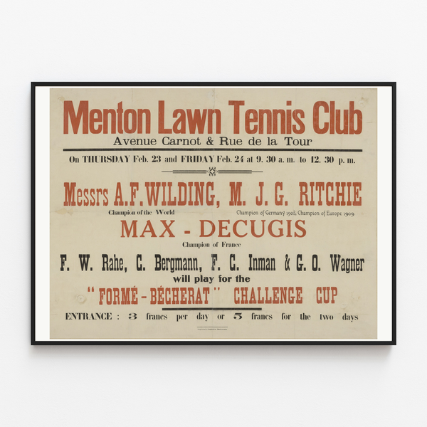 Manifesto Menton Lawn Tennis Club, presentato in una cornice sottile su una parete chiara.