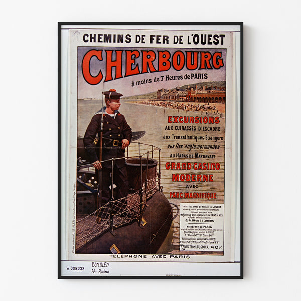 Manifesto Normandia vintage – Cherbourg, Chemins de fer de l’Ouest, esposto in una cornice sottile su una parete chiara.